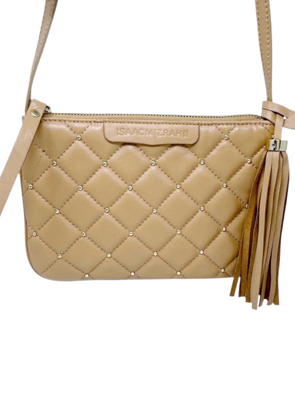 Isaac Mizrahi quilted lambs leather tassel crossbody bag